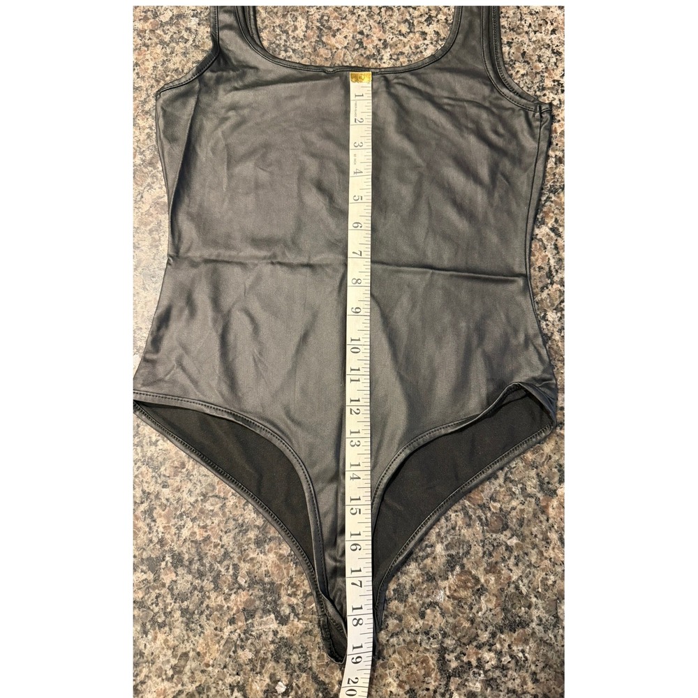 IRIS Faux Leather Bodysuit Black Square Neck Sleeveless Tank IT10519 Small - Picture 6 of 6